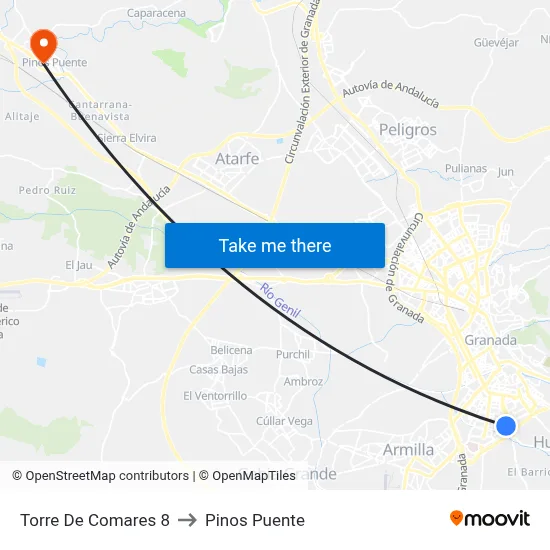 Torre De Comares 8 to Pinos Puente map