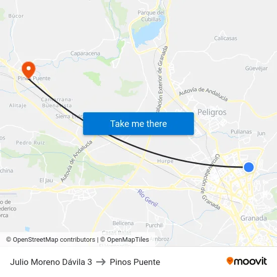 Julio Moreno Dávila 3 to Pinos Puente map