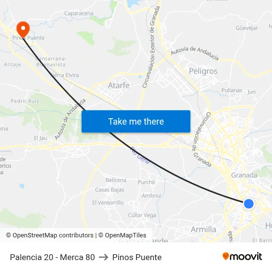 Palencia 20 - Merca 80 to Pinos Puente map