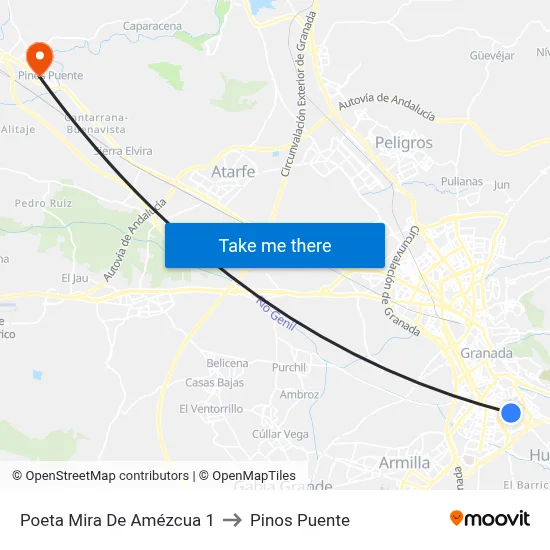 Poeta Mira De Amézcua 1 to Pinos Puente map