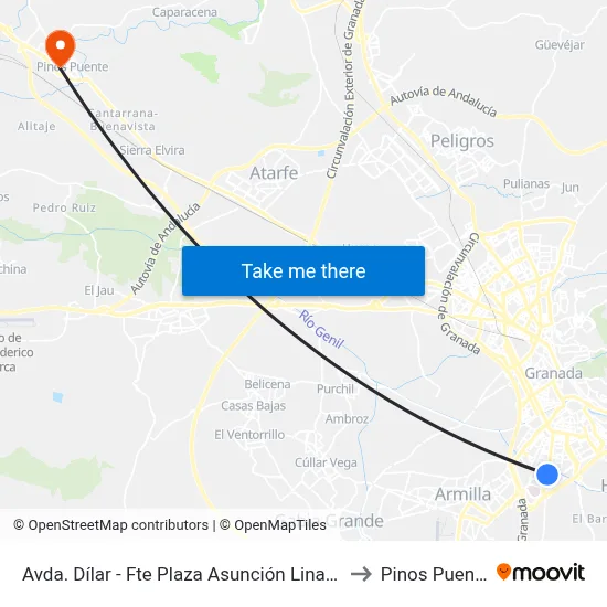 Avda. Dílar - Fte Plaza Asunción Linares to Pinos Puente map