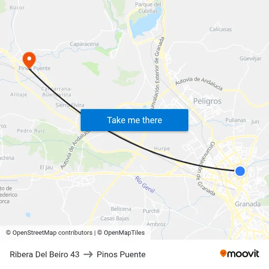 Ribera Del Beiro 43 to Pinos Puente map