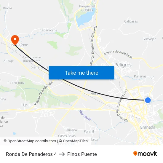 Ronda De Panaderos 4 to Pinos Puente map