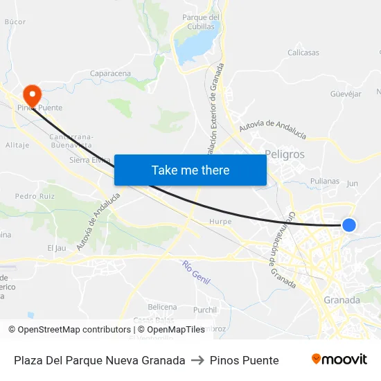 Plaza Del Parque Nueva Granada to Pinos Puente map