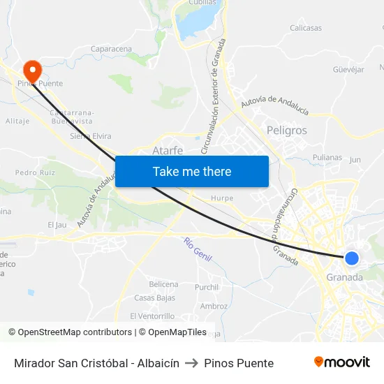Mirador San Cristóbal - Albaicín to Pinos Puente map