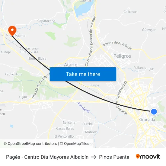 Pagés - Centro Día Mayores Albaicín to Pinos Puente map