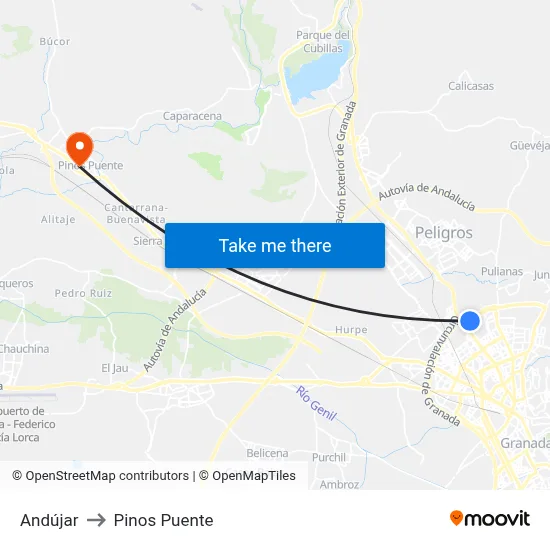 Andújar to Pinos Puente map