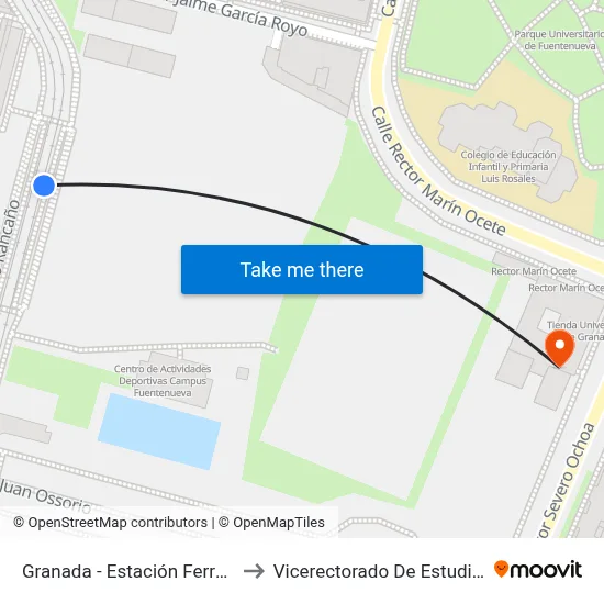 Granada - Estación Ferrocarril to Vicerectorado De Estudiantes map