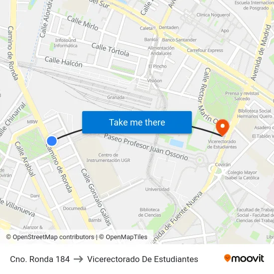 Cno. Ronda 184 to Vicerectorado De Estudiantes map
