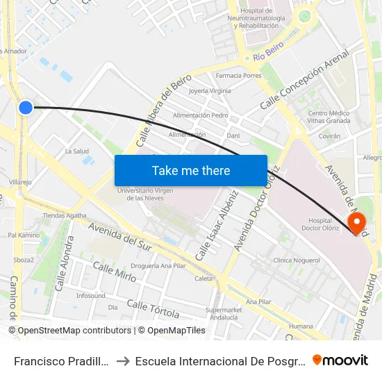 Francisco Pradilla 6 to Escuela Internacional De Posgrado map