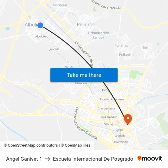 Ángel Ganivet 1 to Escuela Internacional De Posgrado map