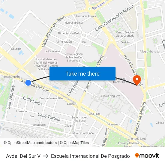 Avda. Del Sur V to Escuela Internacional De Posgrado map