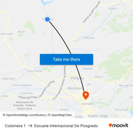 Colomera 1 to Escuela Internacional De Posgrado map