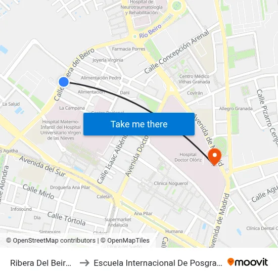 Ribera Del Beiro 1 to Escuela Internacional De Posgrado map