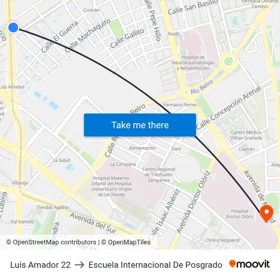 Luis Amador 22 to Escuela Internacional De Posgrado map