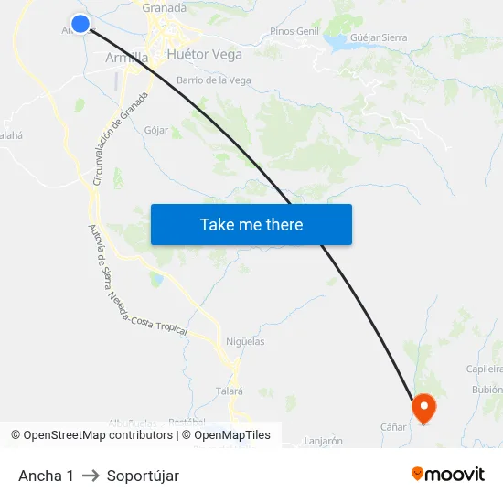 Ancha 1 to Soportújar map