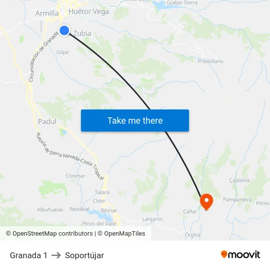 Granada 1 to Soportújar map