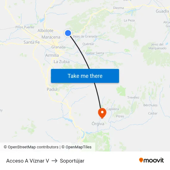 Acceso A Víznar V to Soportújar map