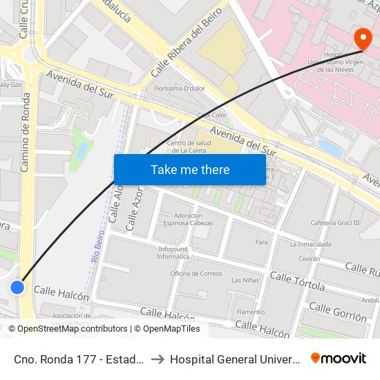 Cno. Ronda 177 - Estadio De La Juventud to Hospital General Universitario De Granada map