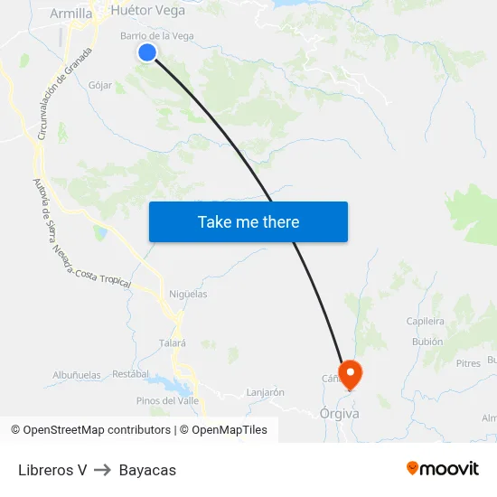 Libreros V to Bayacas map