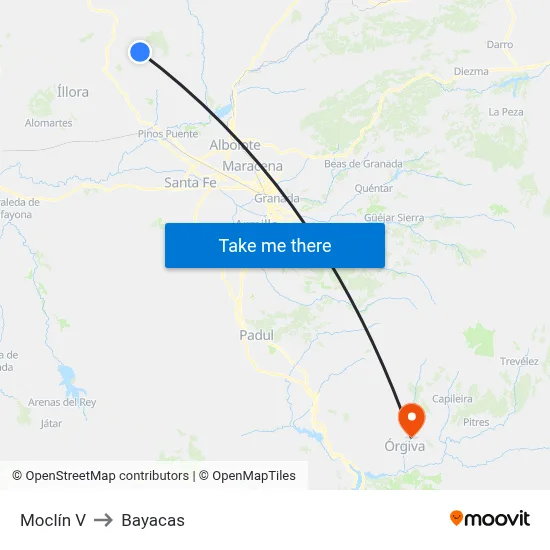 Moclín V to Bayacas map