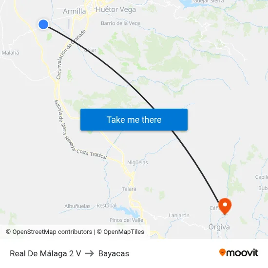 Real De Málaga 2 V to Bayacas map