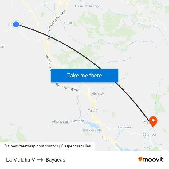 La Malahá V to Bayacas map