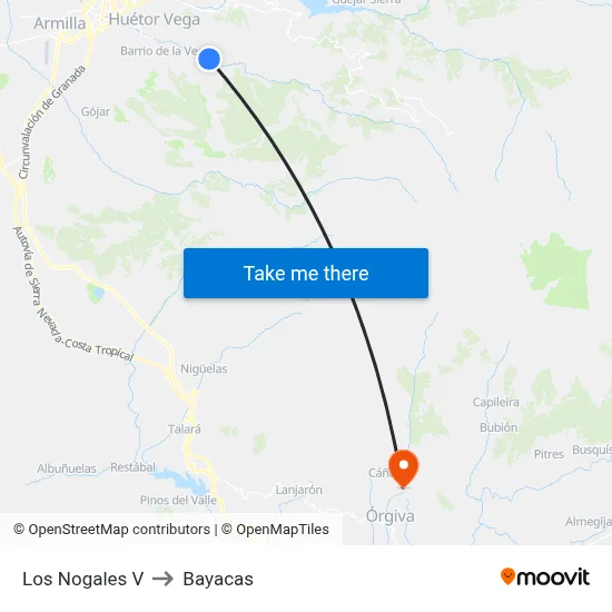 Los Nogales V to Bayacas map