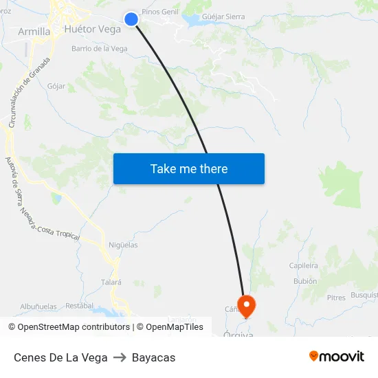 Cenes De La Vega to Bayacas map