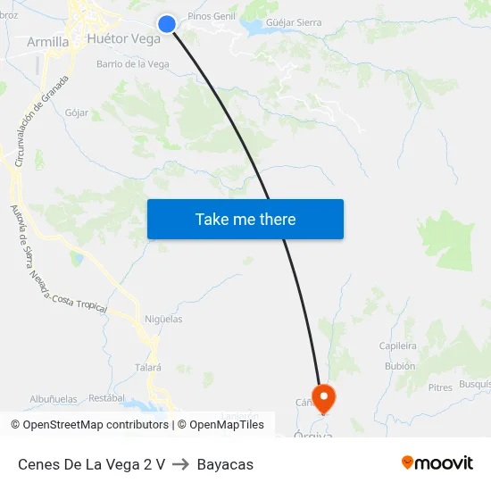 Cenes De La Vega 2 V to Bayacas map