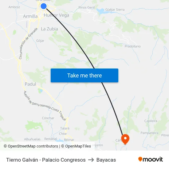 Tierno Galván - Palacio Congresos to Bayacas map