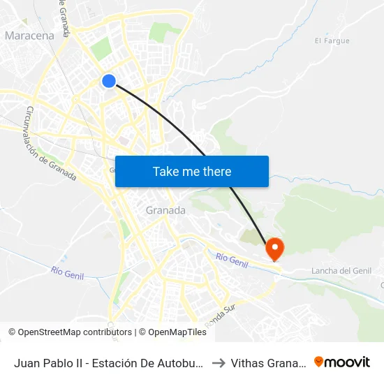 Juan Pablo II - Estación De Autobuses to Vithas Granada map