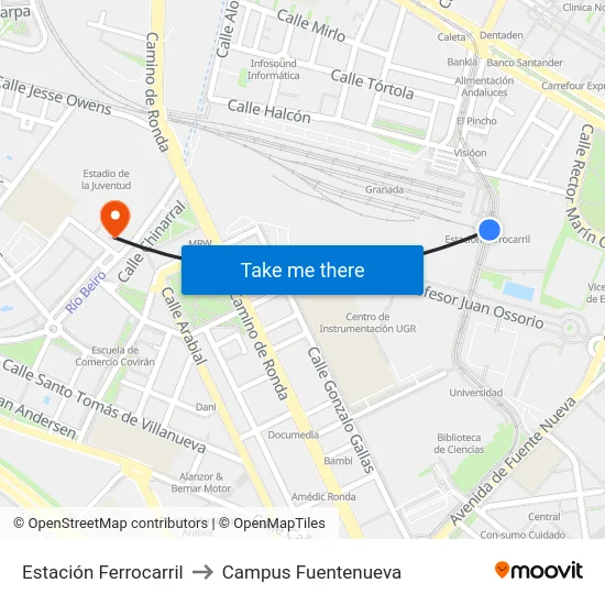 Estación Ferrocarril to Campus Fuentenueva map