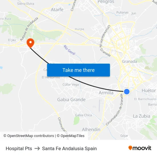 Hospital Pts to Santa Fe Andalusia Spain map