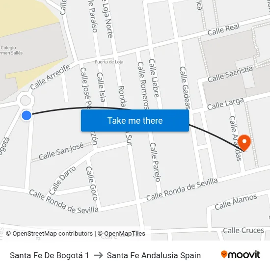 Santa Fe De Bogotá 1 to Santa Fe Andalusia Spain map