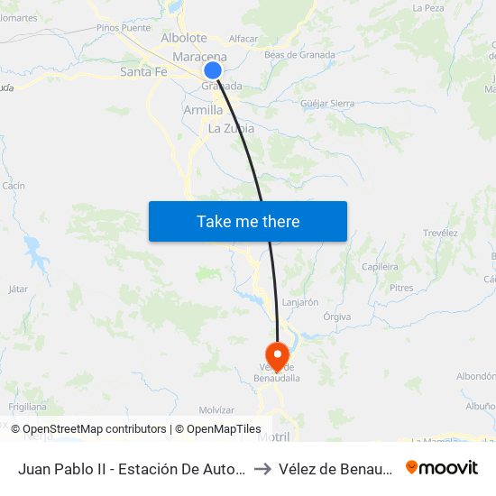 Juan Pablo II - Estación De Autobuses to Vélez de Benaudalla map