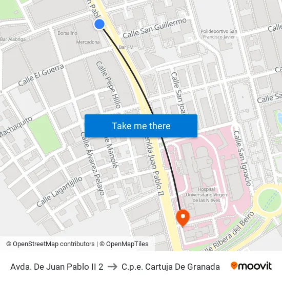 Avda. De Juan Pablo II 2 to C.p.e. Cartuja De Granada map