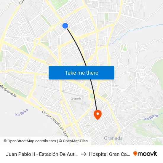 Juan Pablo II - Estación De Autobuses to Hospital Gran Capitán map
