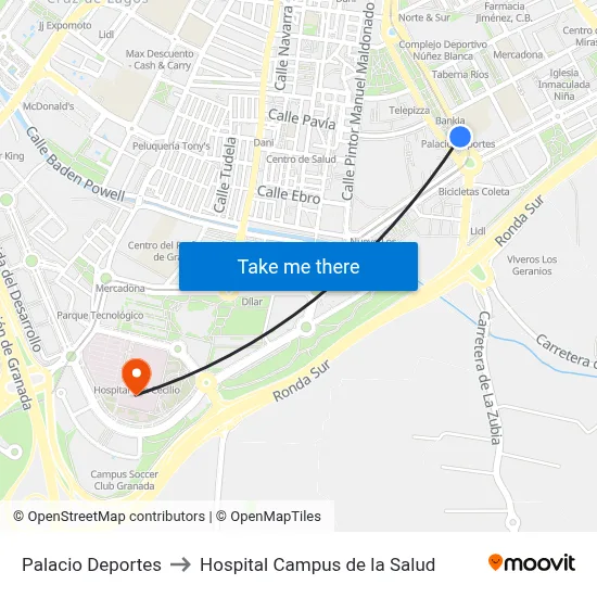 Palacio Deportes to Hospital Campus de la Salud map