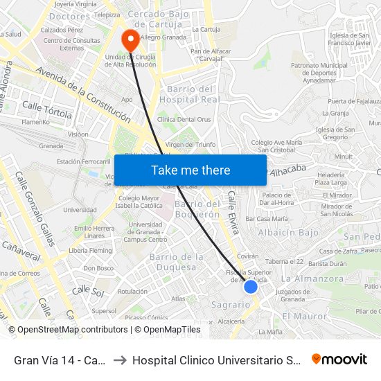 Gran Vía 14 - Catedral to Hospital Clinico Universitario San Cecilio map