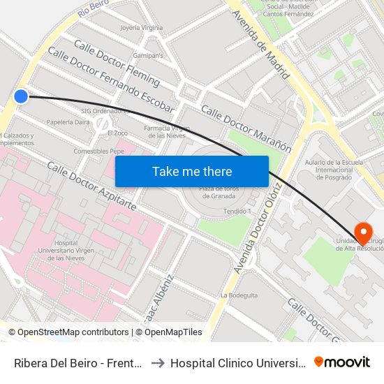 Ribera Del Beiro - Frente Mondragones to Hospital Clinico Universitario San Cecilio map