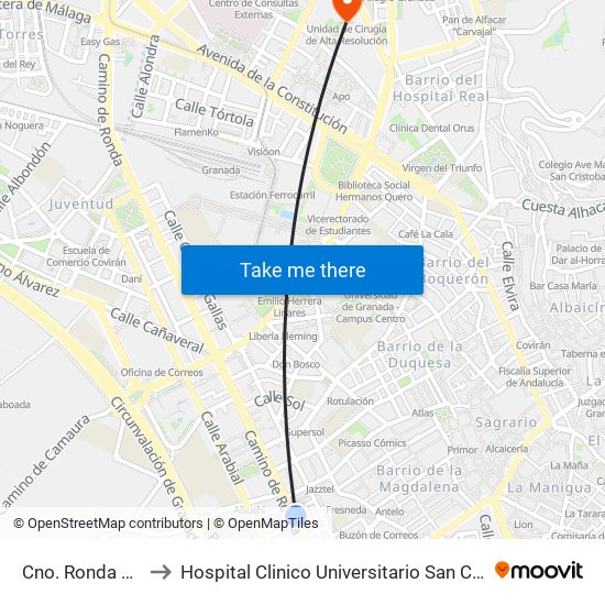 Cno. Ronda 100 to Hospital Clinico Universitario San Cecilio map