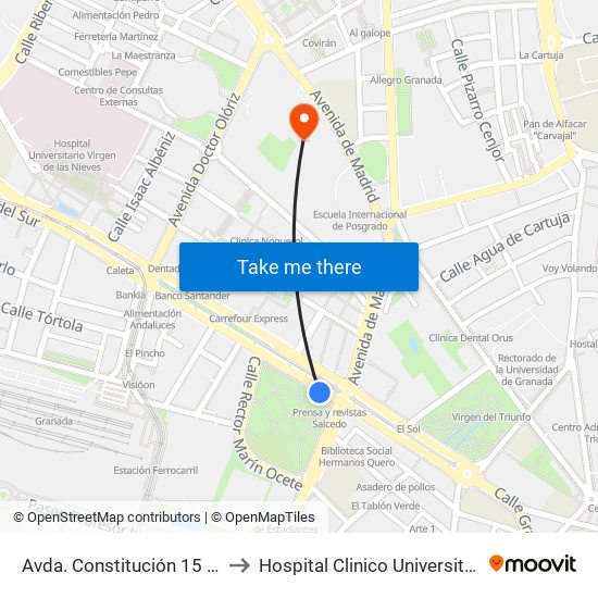 Avda. Constitución 15 - Fuentenueva to Hospital Clinico Universitario San Cecilio map