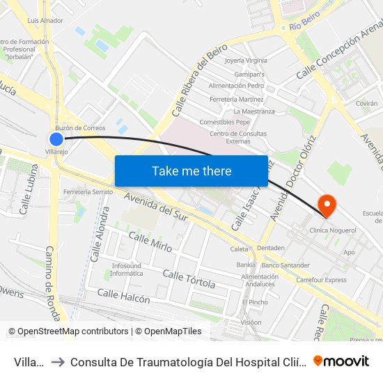 Villarejo to Consulta De Traumatología Del Hospital Cliínico San Cecilio map