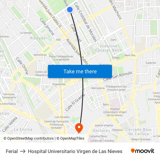Ferial to Hospital Universitario Virgen de Las Nieves map