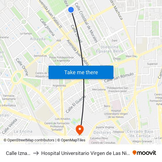 Calle Iznajar to Hospital Universitario Virgen de Las Nieves map
