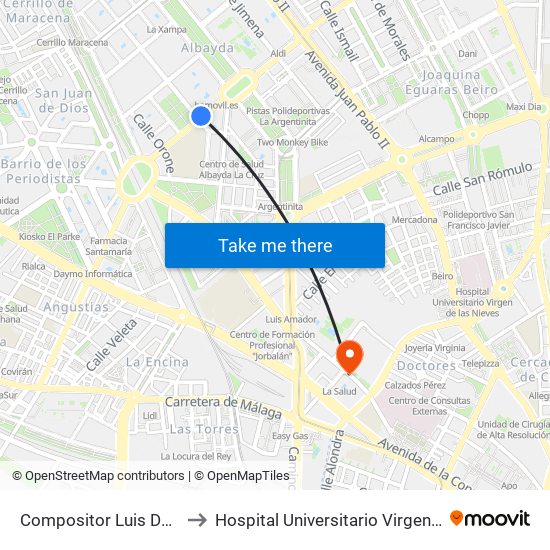 Compositor Luis De Narváez 7 to Hospital Universitario Virgen de Las Nieves map
