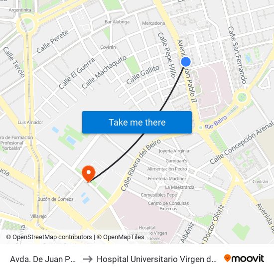 Avda. De Juan Pablo II 1 to Hospital Universitario Virgen de Las Nieves map
