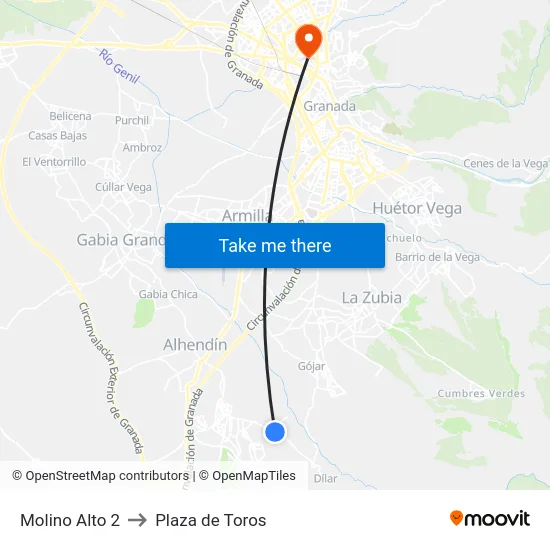 Molino Alto 2 to Plaza de Toros map