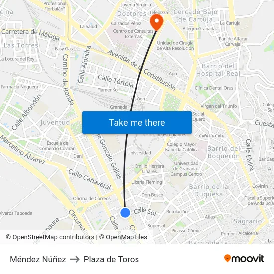 Méndez Núñez to Plaza de Toros map
